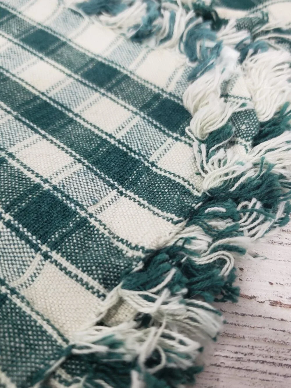 Green Check  Pair of woven cotton napkins 17 X 18 with fringe  primitive cottage